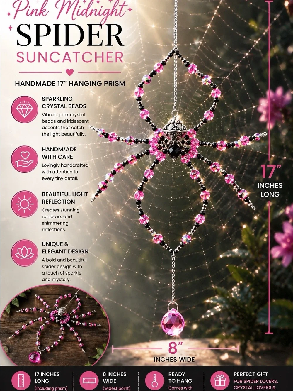 Pink & Black Beaded Spider Crystal Sun Catcher